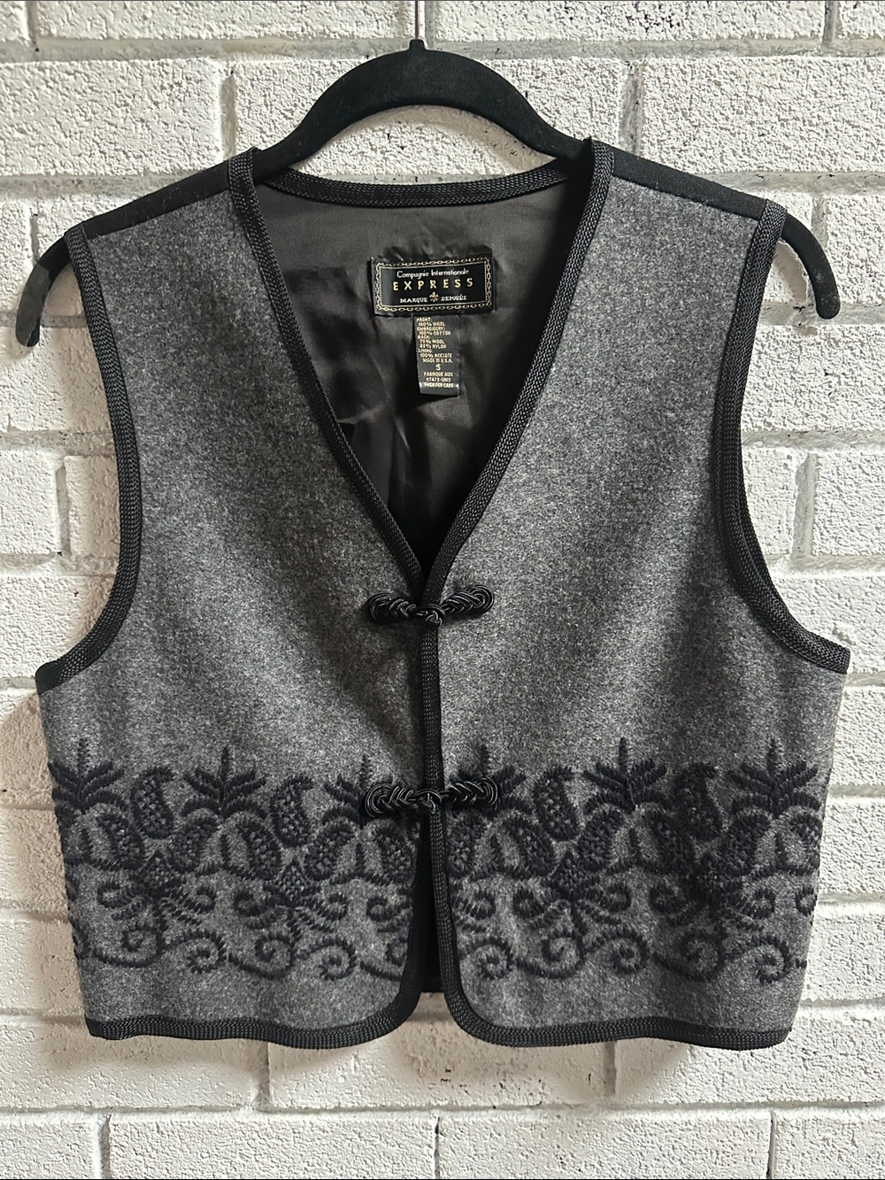 Express Gray Wool-Blend Vest with Black Embroidered Trim- 1990’s Vintage